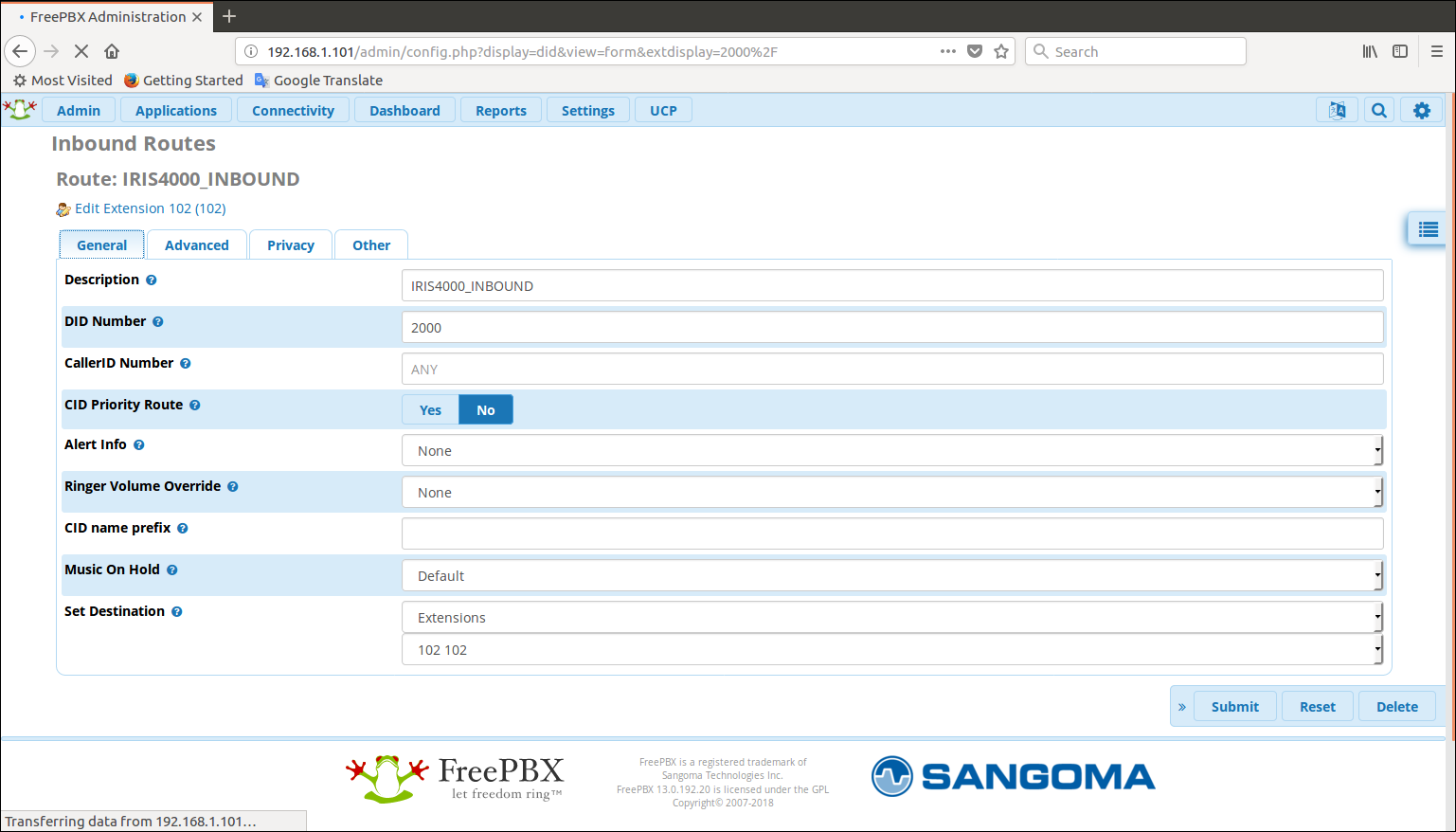 FreePBX inbound route configuration for IRIS4000